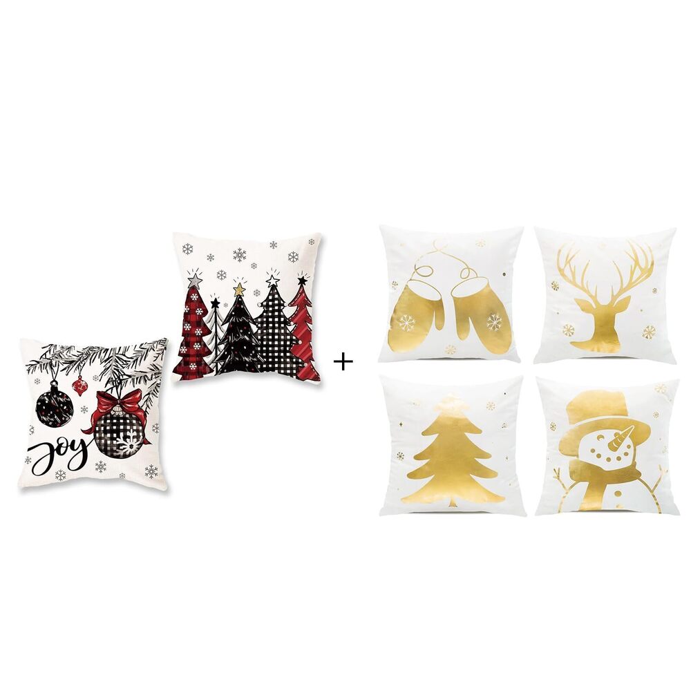 3910 White and Gold Christmas Pillow Covers 18x18 Trees Joy Decor Winter